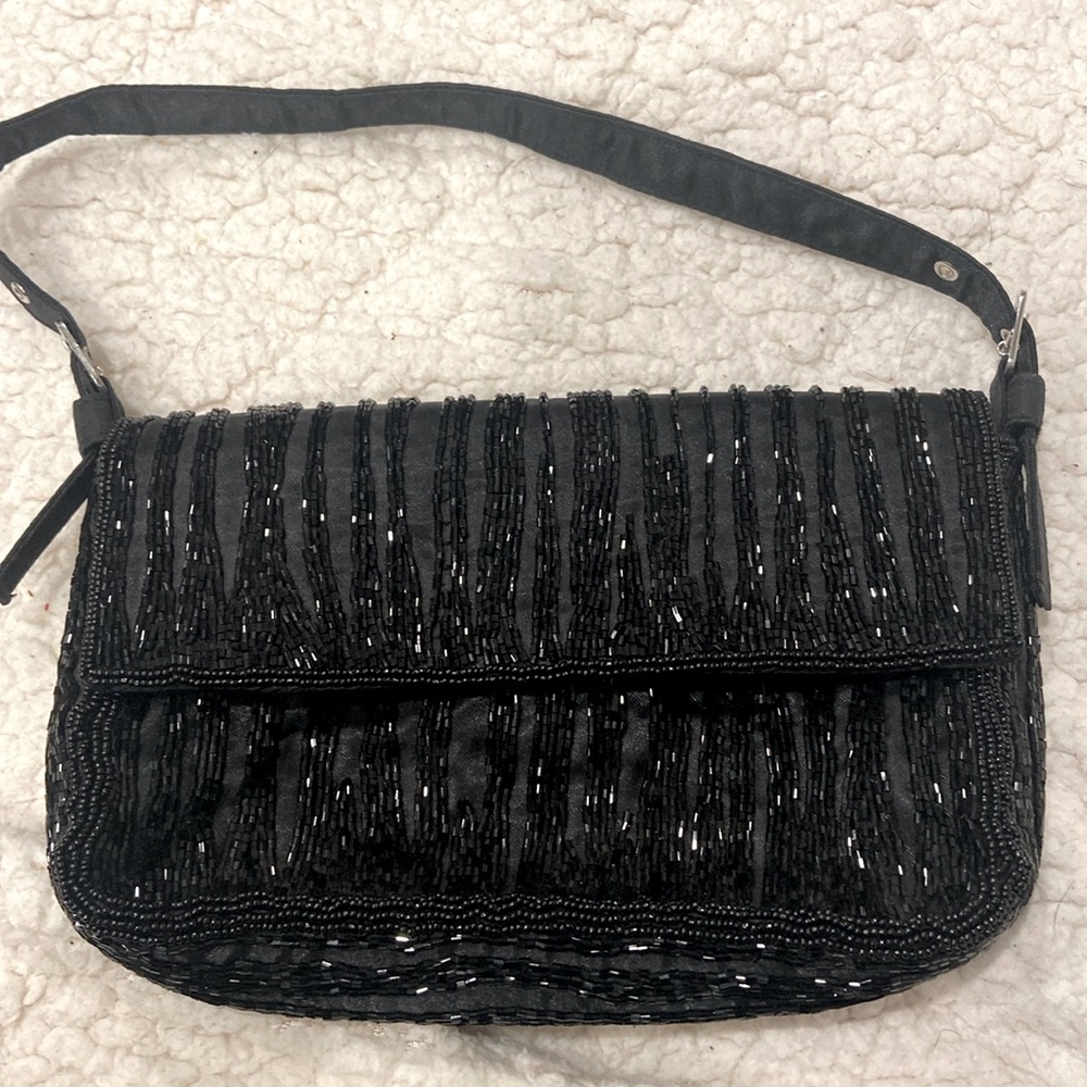 Sasha Black Hand Embellished Beaded Clutch satin purse